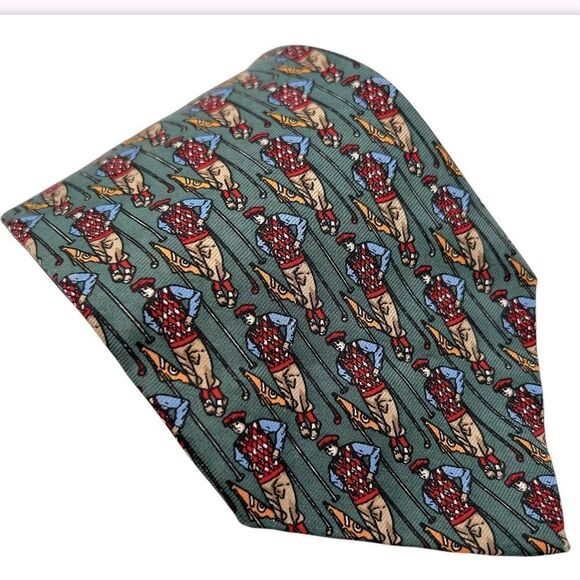 Bally MENS neck tie green golfer man figural caddy handmade in the us silk - Picture 1 of 6